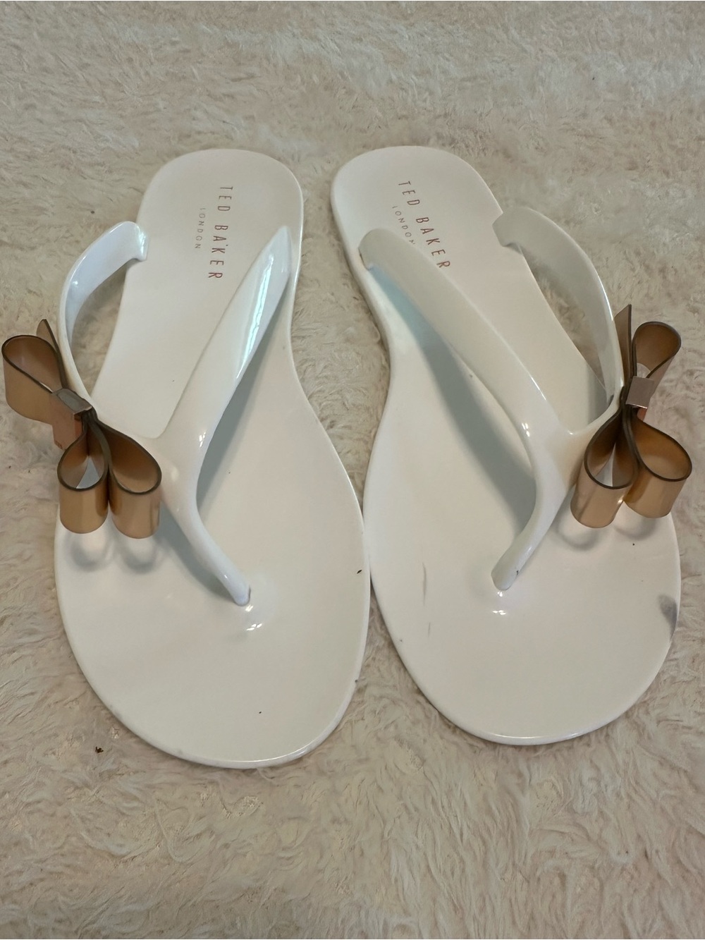 Ted Baker White Flip-Flops with Tan Bow Accents